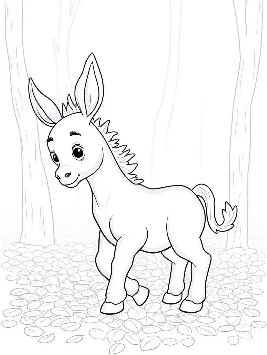 Baby-Donkey-Playing-in-a-Pile-of-Leaves-with-Trees-in-the-Background