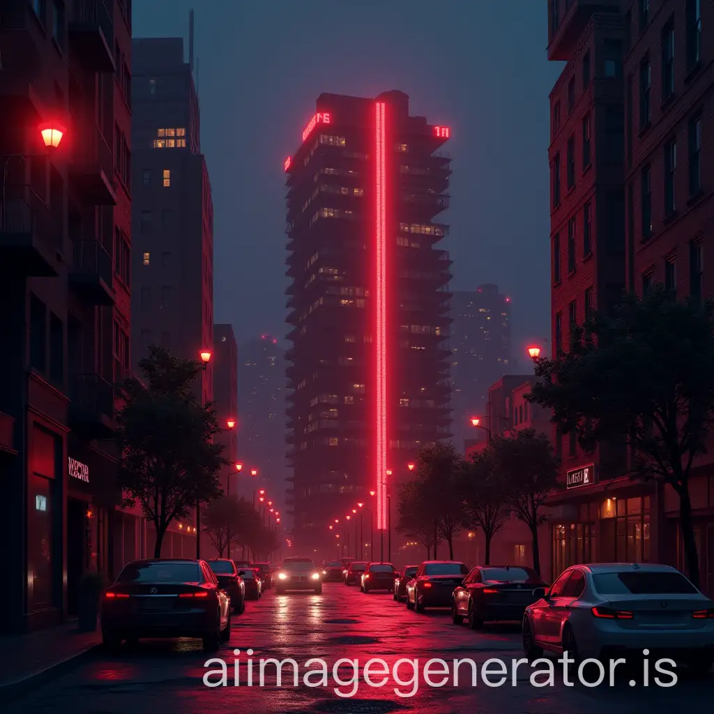 Tall-Brick-Building-with-Red-Neon-Lights-in-a-Nighttime-Cityscape