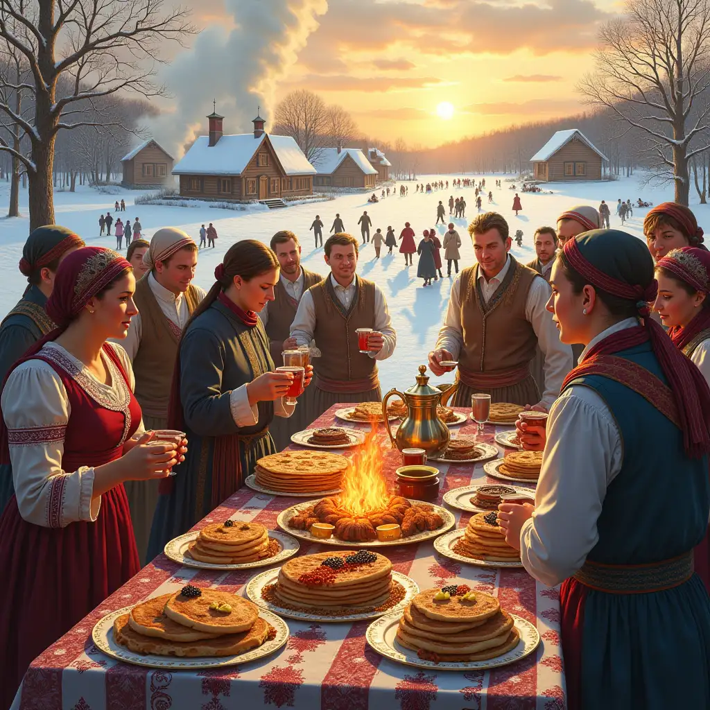 Prompt for image generation: A bright and festive image of traditional Russian Maslenitsa. In the foreground - a large table with traditional treats: stacks of pancakes with caviar, cream, honey and jam, samovar with tea. Around the table - people in national costumes: women in headscarves and sarafans, men in white shirts.. At the back - a winter landscape with wooden houses, snow and merry fun: people dance around, children sledding, Maslenitsa doll is burning. In the sky - light smoke and bright colors of sunset. The style of the image - realism with elements of folklore art, saturated colors, focus on details and atmosphere of celebration.