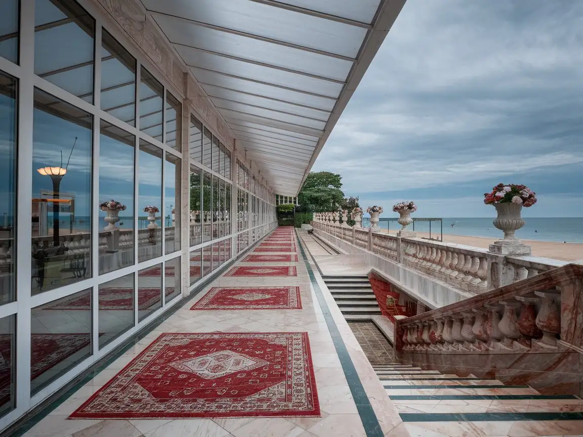 1985. Dark night. Dusk. The most beautiful view. View from inside a residential complex in a pioneer children's camp, 1st floor. High detail. Crimea, sea, beach, marble railings with large flower pots along the shoreline. Descent to the beach. At the exit of a quiet cozy spacious complex with a glass facade, marble ceiling. Above stretches a separate straight marble staircase. Carpets. Even monolithic granite breakwaters.