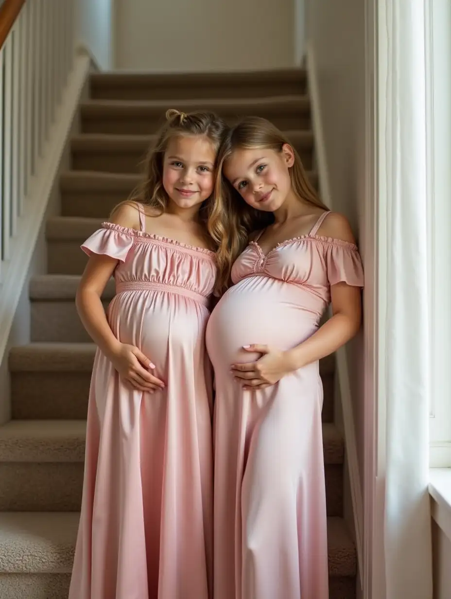 Little-Girl-and-Petite-Girl-with-Toddler-in-Satin-Nightgowns-by-Staircase