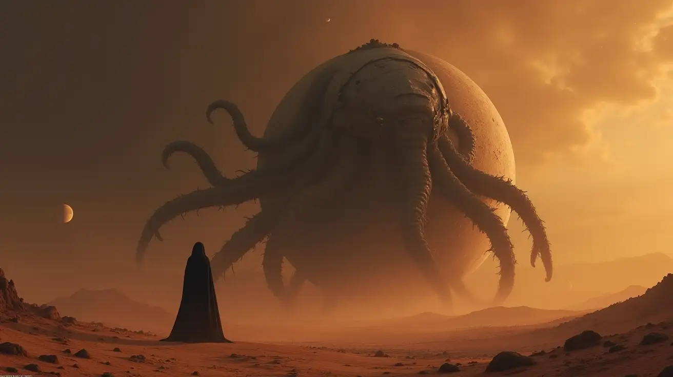 dark mechanic space monolit desert brownish light planet big cyborg with tentacles and dark ghost face dark space monolit desert brownish light planet big monster with tentacles and dark ghost face