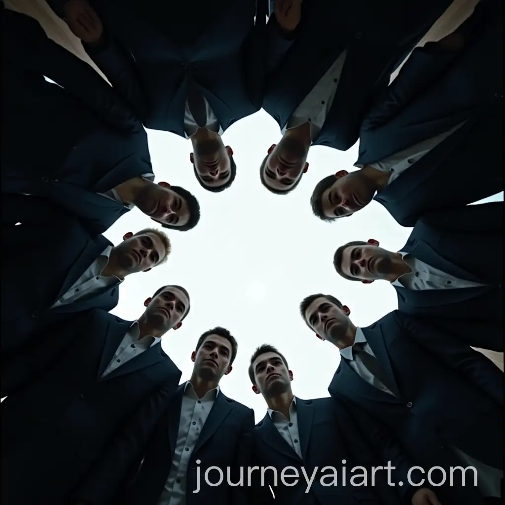 Businesspeople-Standing-in-Circle-Looking-Down-Low-Angle-View