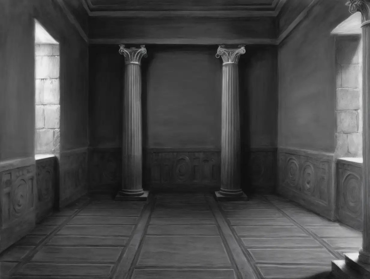 rough graphite and charcoal drawing of simple ancient roman interior