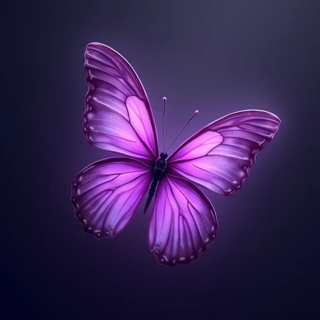 Tenderly purple butterfly, which is turned to the left corner, from which emanates purple glow