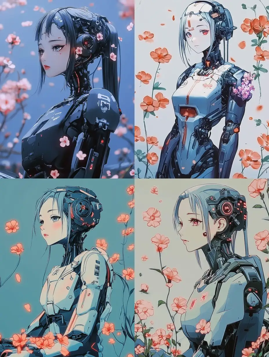 Anime-Style-Robot-and-Female-Human-Surrounded-by-Floating-Flowers