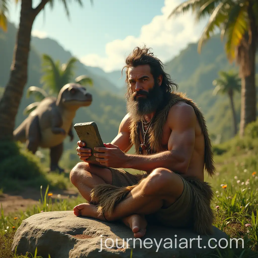 ConfidentAI-Image-Prompt-Expansion-Caveman-Holding-Stone-Tablet-in-Prehistoric-Jungle-Village-with-Dinosaurs