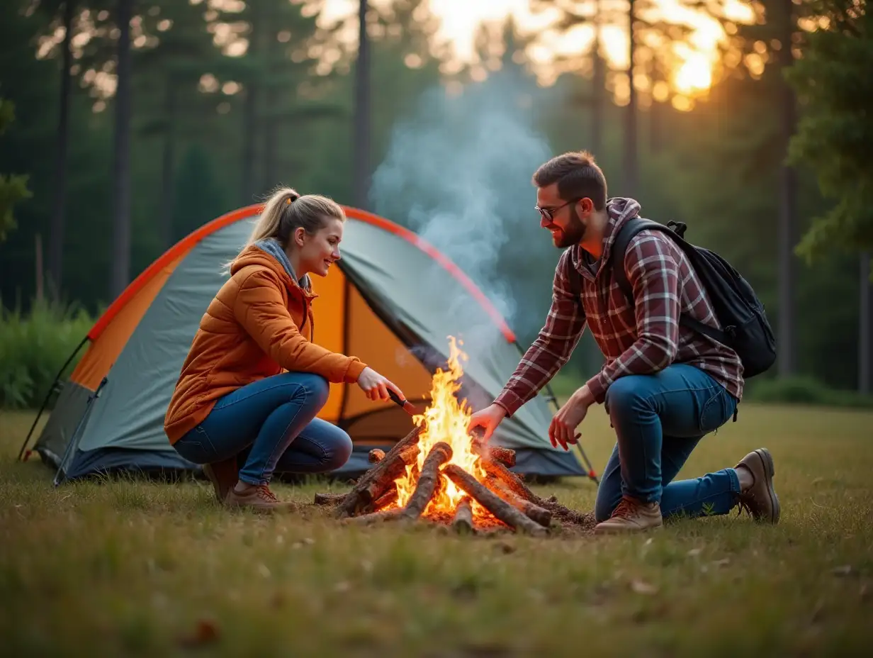 Couple, campfire and wood with smoke in nature by tent on grass field for outdoor vacation, holiday or weekend. Man preparing fire by woman for camping leisure, summer getaway or sunshine at forest