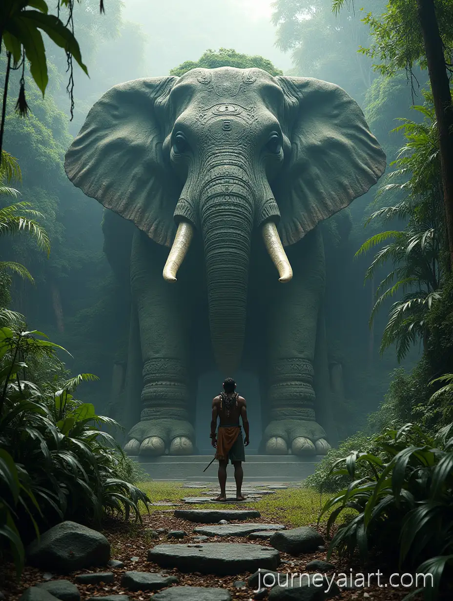 UltraRealistic-Ancient-ElephantHead-Stone-Temple-in-Jungle-with-African-Hunter