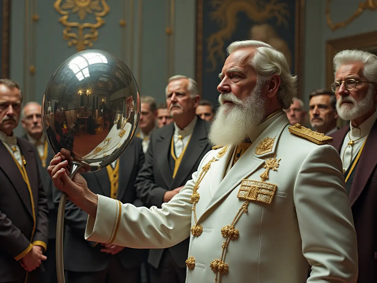 Man-with-White-Beard-in-White-and-Gold-Officers-Costume-in-Ceremonial-Room-with-Surreal-Paintings