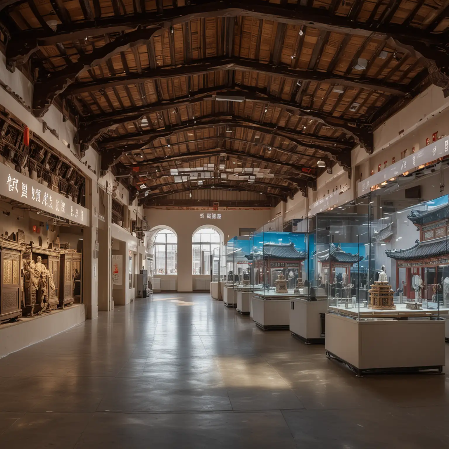 The scene shows the application of the Easinet4000 IoT system to the protection of traditional Chinese cultural heritage, with an ancient Chinese building or cultural relics exhibition hall in the background. The exhibition hall displays precious cultural relics and is surrounded by modern technological equipment. On the display case, real-time environmental monitoring data, such as temperature, humidity, carbon dioxide concentration, TVOC, etc., are displayed through digital displays or holographic projections. Sensor devices are scattered throughout the exhibition hall, at a distance from the artefacts, but are clearly visible. The picture combines the traditional elements of ancient buildings with the lighting effects of modern technology