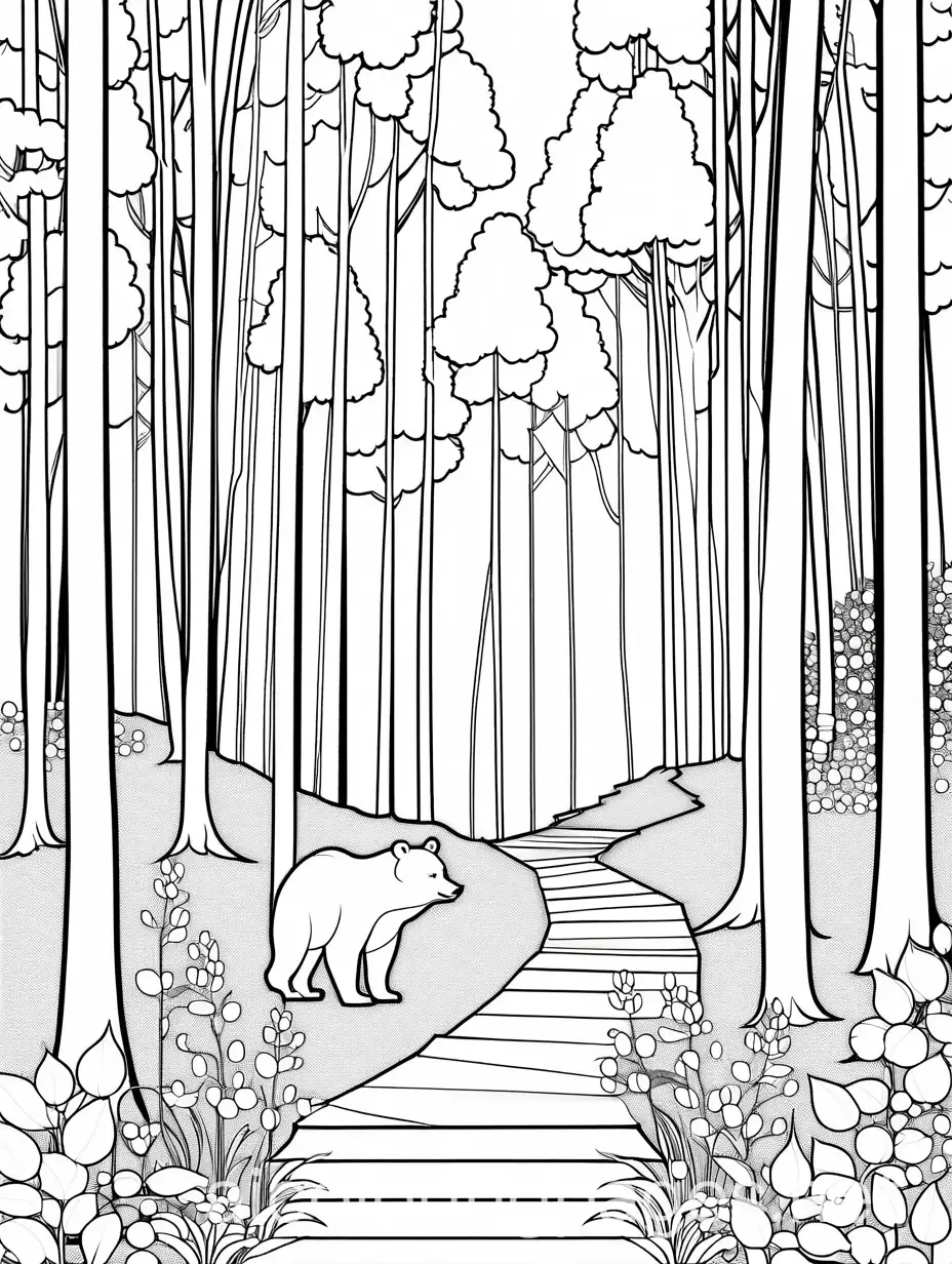A forest path with tall trees and wildflowers and a bear in that path, Coloring Page, black and white, line art, white background, Simplicity, Ample White Space. The background of the coloring page is plain white to make it easy for young children to color within the lines. The outlines of all the subjects are easy to distinguish, making it simple for kids to color without too much difficulty