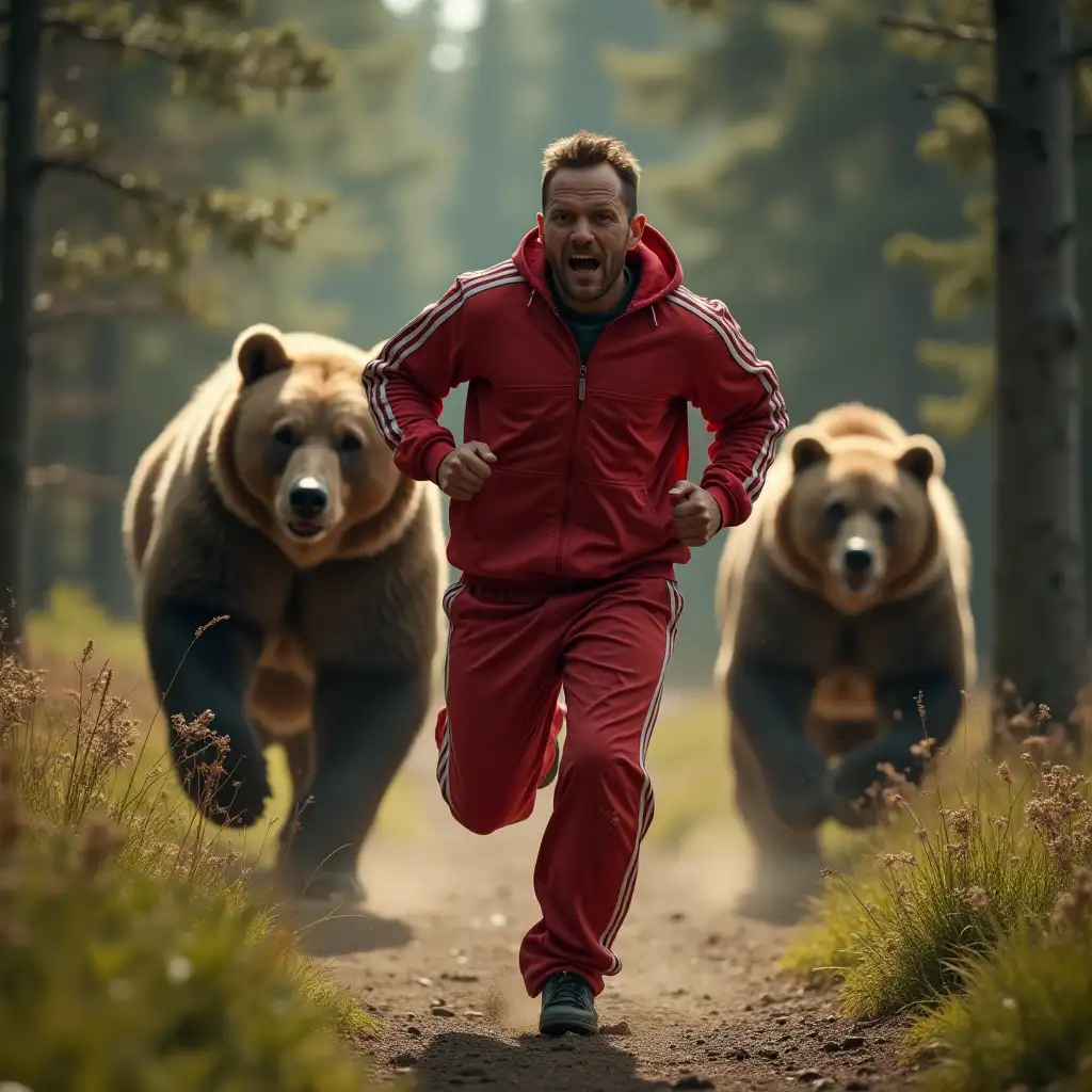 A man in a torn red tracksuit is running through a dresuch forest, two bears are running after him, the man is very frightened, fear and terror on his face. Sunny day, photo realistic