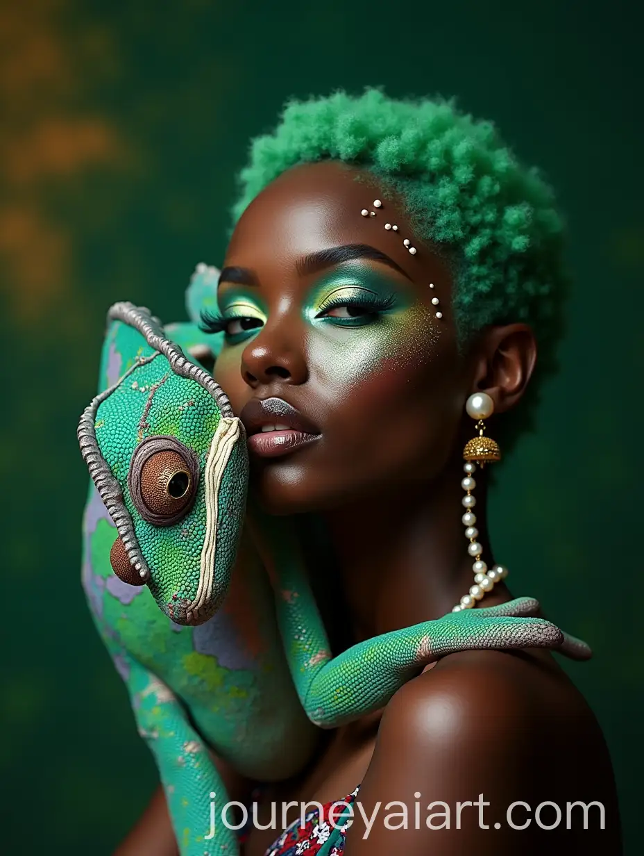Ethereal-Black-Woman-with-Green-Hair-and-Chameleon-in-Lush-Tropical-Setting
