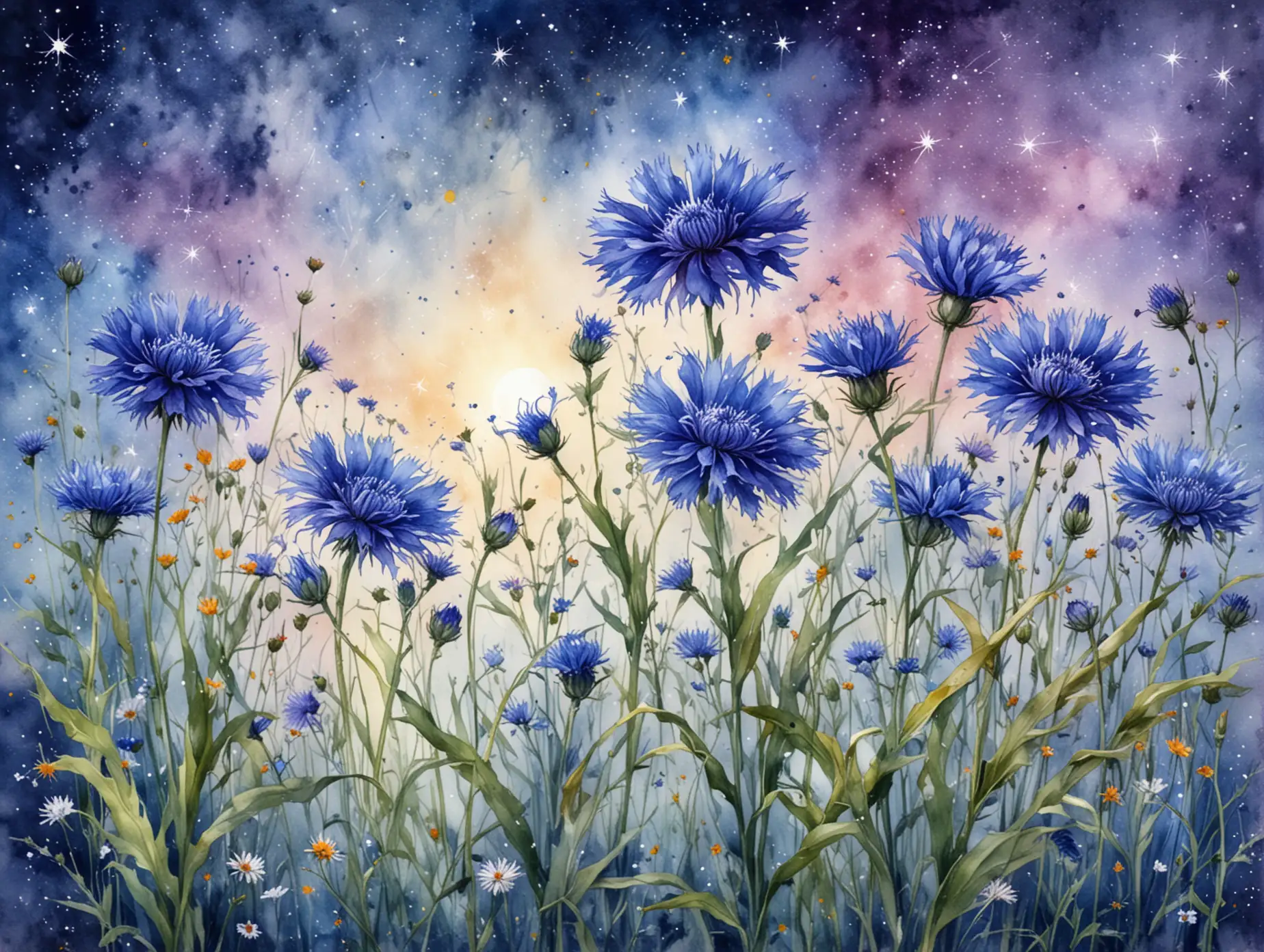 Cornflowers-on-a-Starry-Night-Background-in-Watercolor-Style