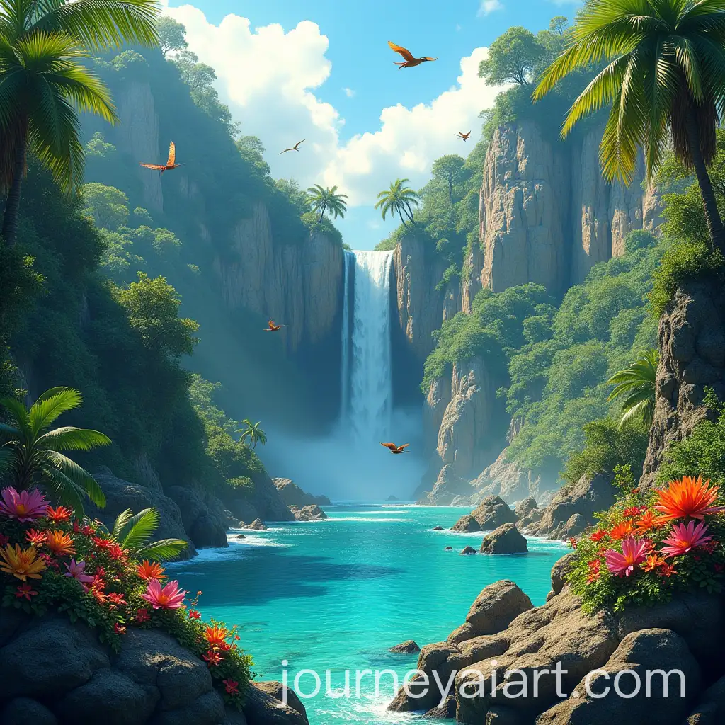 Tropical-Paradise-with-Waterfall-Ocean-and-Exotic-Wildlife
