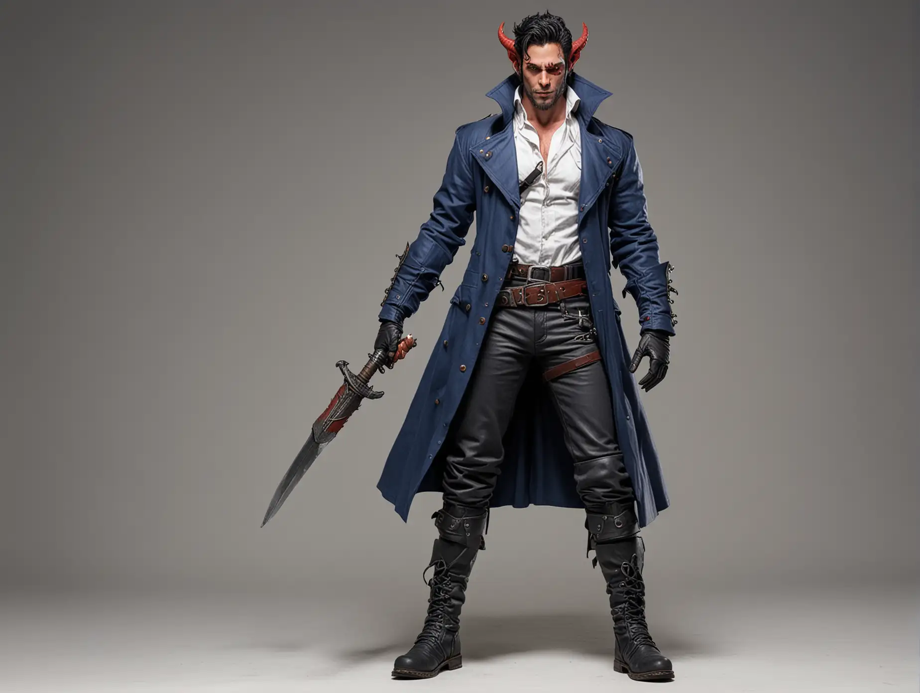 A 29-year-old red-skinned tiefling with a black beard and black hair. Welding goggles hang around his neck. He is wearing a dark blue coat, white shirt and boots. He stands to his full height and holds a dagger in his hand. The background is solid white.