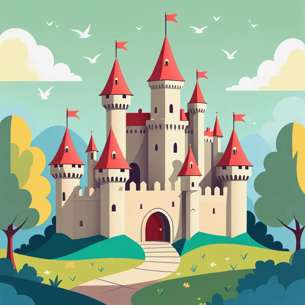 simplified and enlarged vectorial drawing of a little castle with nature. Use pastel colors like green, light red, blue and yellow.