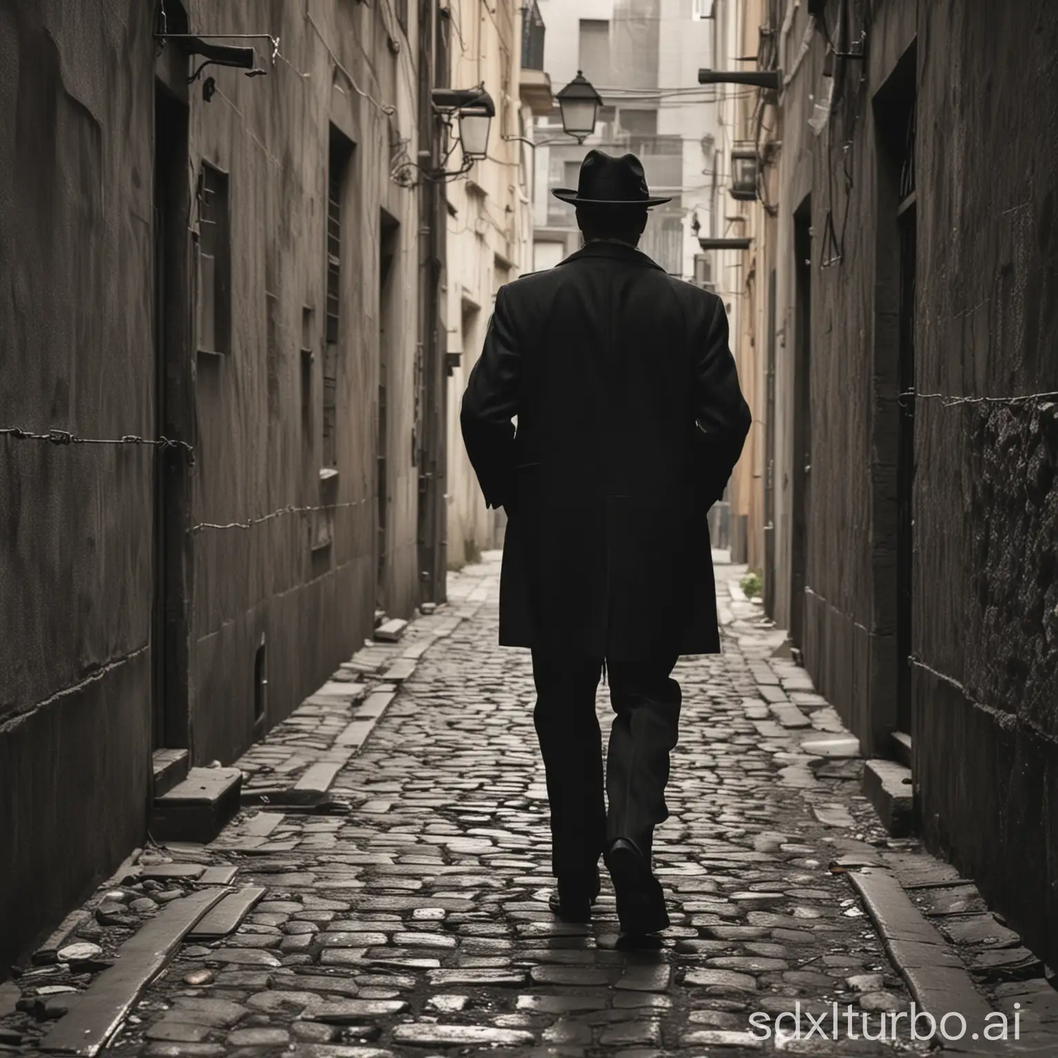 Mafia-Man-Walking-in-an-Urban-Alley