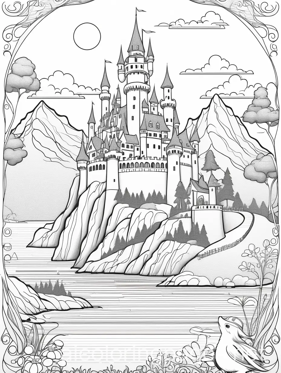 Fantasy-Princess-Witch-Knight-Fairy-Dragon-and-Gnome-in-Enchanted-World-Coloring-Page