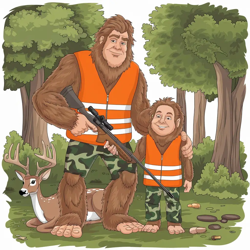 Bigfoot and Child Enjoying a Hunting Adventure