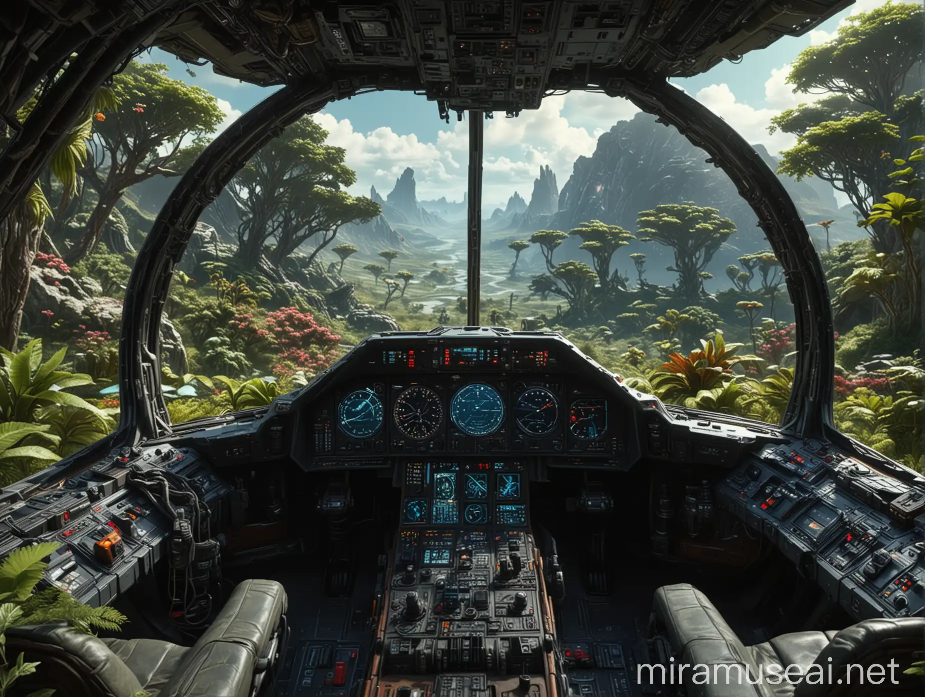 Interior View of Cockpit in Mother Spaceship Flying Over Alien Luxurious Vegetation Planet