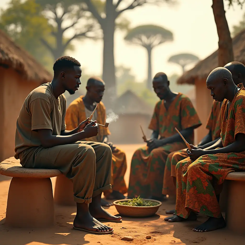 Young-Man-and-Elders-in-a-Rural-African-Village-Under-the-Afternoon-Sun