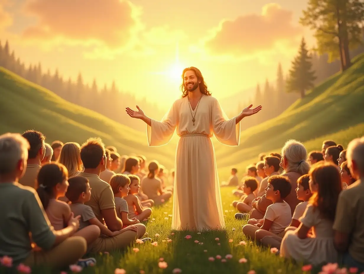 A divine and tranquil depiction of a compassionate figure standing in a serene landscape, delivering a message of love and mercy. The figure radiates a soft, golden glow, symbolizing peace and hope, with open arms and a kind expression. Surrounding them is a diverse group of people—children, the elderly, and families—listening intently, their faces reflecting joy, comfort, and unity. The background features a peaceful natural setting with rolling green hills, blooming flowers, and a warm sunrise casting its gentle light across the scene. The atmosphere is filled with harmony, kindness, and the transformative power of love and grace.cinematic 8k ultra Hd high quality image