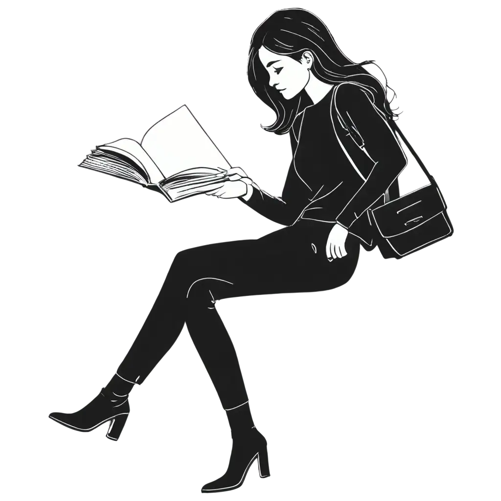 Create a black-and-white, minimalistic 2D illustration of a girl student leaning sideways on a wall, holding and looking at an open book. The design should be simple and modern, with clean lines and bold outlines, capturing a relaxed yet focused moment