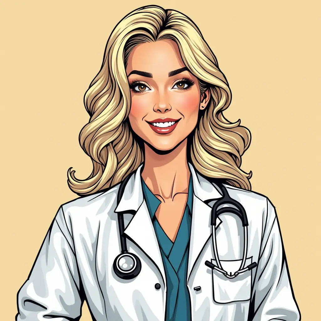 a woman doctor in pop art style blonde with light hair smiles