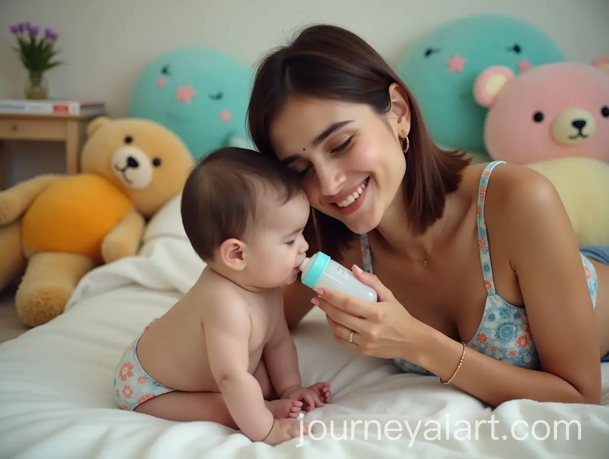 Young-Iranian-Woman-Playfully-Bottle-Feeding-a-Sad-Baby-Boy-Surrounded-by-Colorful-Toys