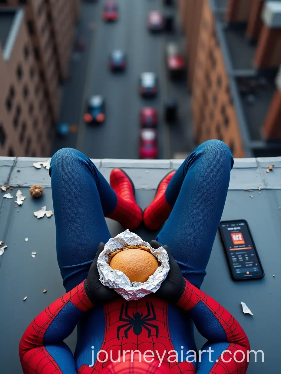 AI-Image-ExpansionFirstPerson-View-of-SpiderMan-Eating-a-Burger-on-a-Rooftop-with-NYPD-Radio-and-City-Traffic