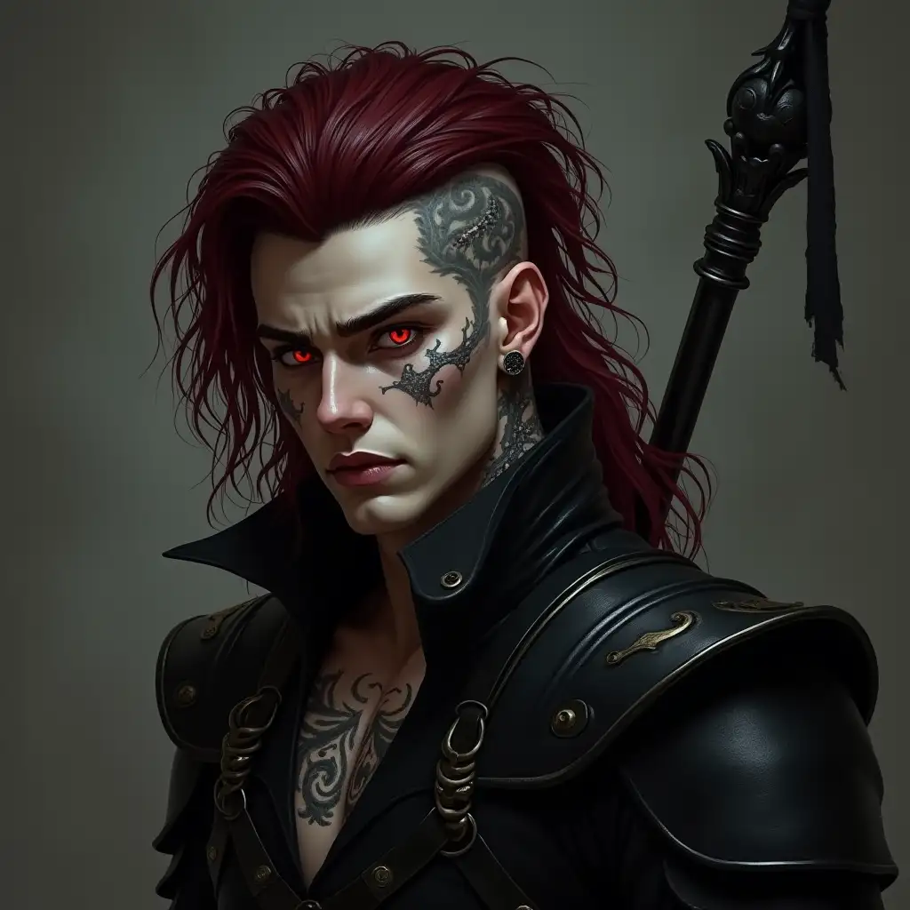 Handsome Male Vampire in Black Obsidian Armor with Red Eyes and Tattoos