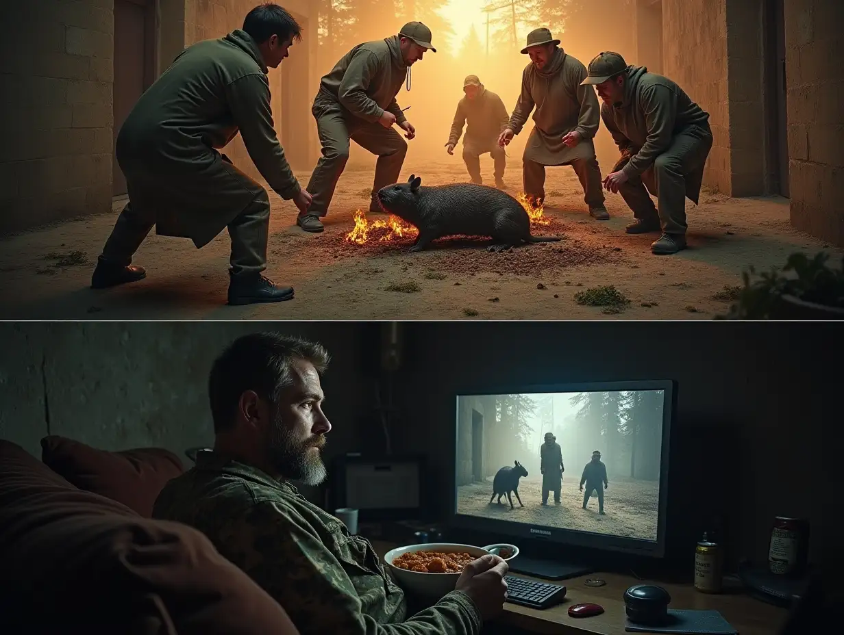 The user_prompt is in Russian, and it will be translated into English.nnA picture is divided horizontally into two parts. At the top, on the ground, a group of two men and three women in rags are fighting over a roasted rat. At the bottom, from a bunker, a bearded man in camouflage sits on a couch, watching this scene with interest on a monitor screen while eating stew from a can.