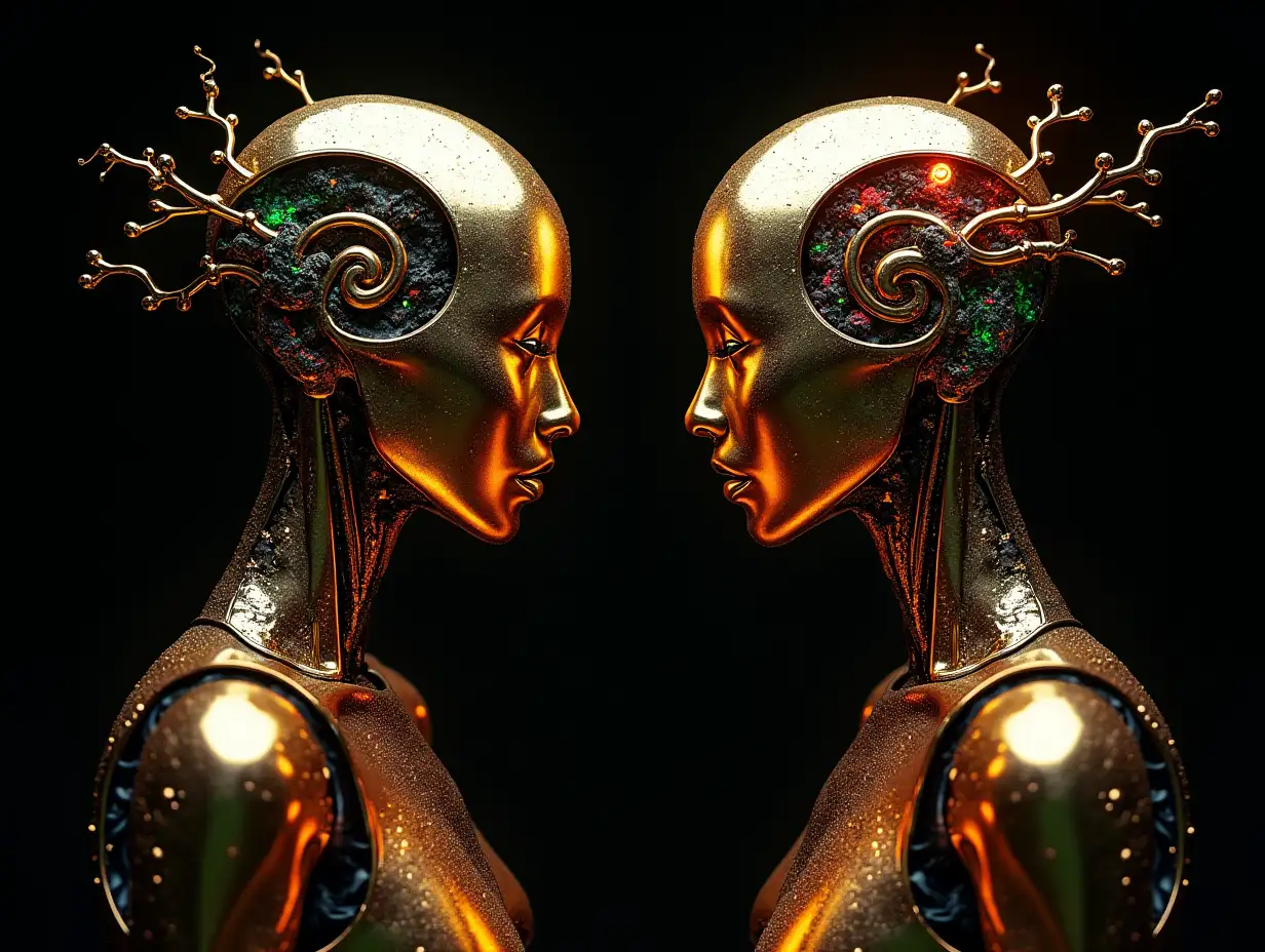 goldenem Complex-Horizon-Fractals humanoid robots with Complex-Horizon-Fractals body and Fracta-Bald with root on the head, with colorful black background