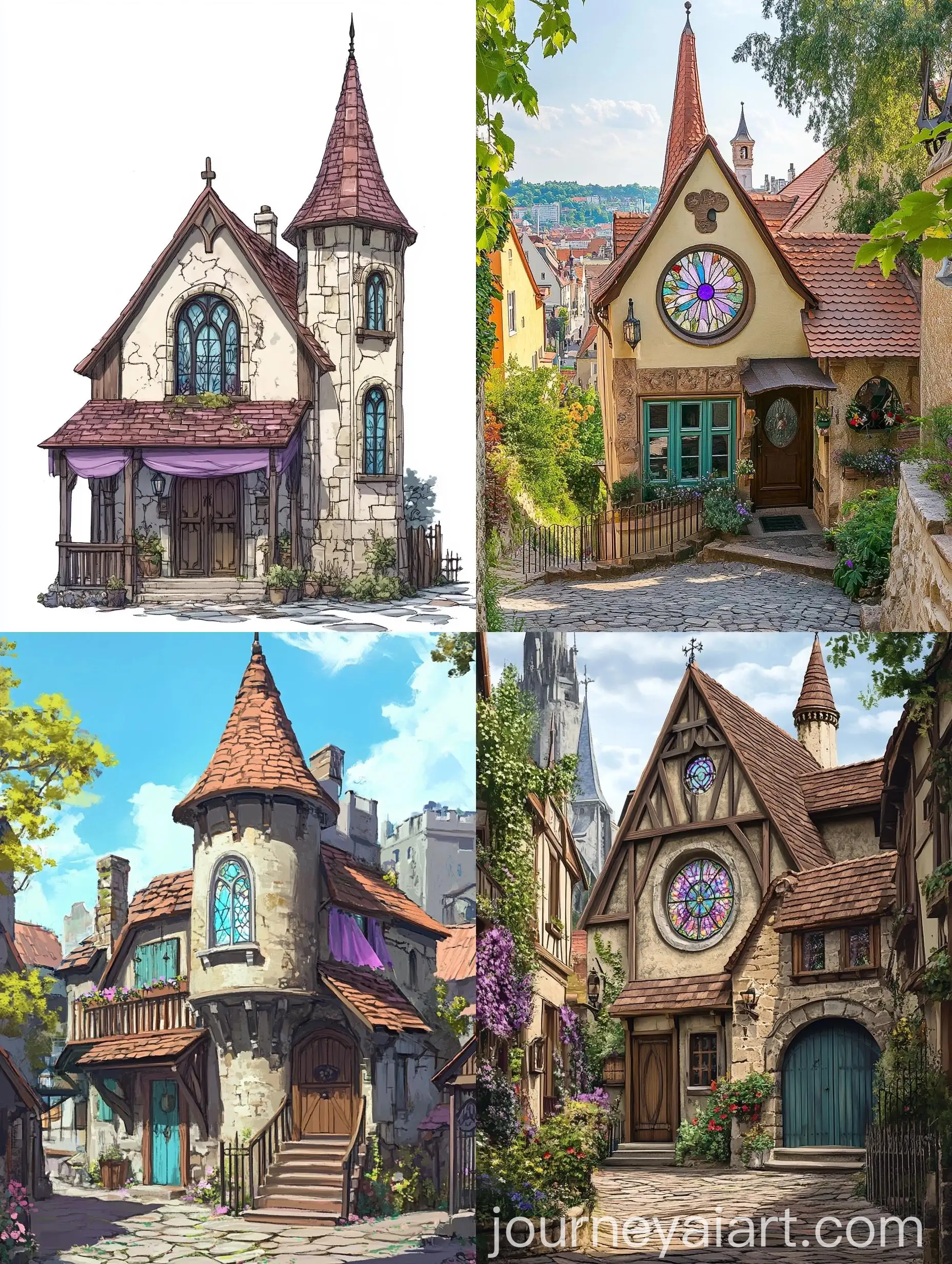 Medieval-Townscape-Gothic-Stone-House-with-Tower-and-Stained-Glass-Windows
