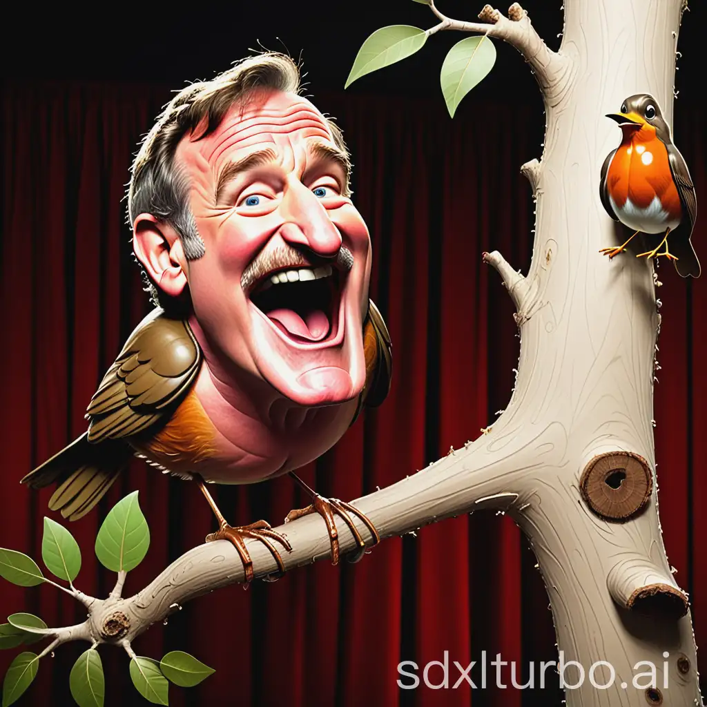 Caricature of Robin Williams as an actual Robin bird pirched on a branch of a tree growing out of the stage of a comedy club.  Include vivid facial expressions