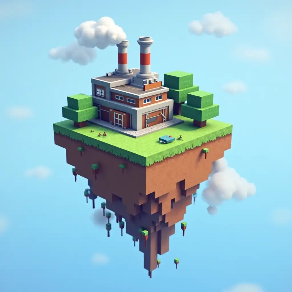 Minecraft Skyblock icon with floating island and factory on it