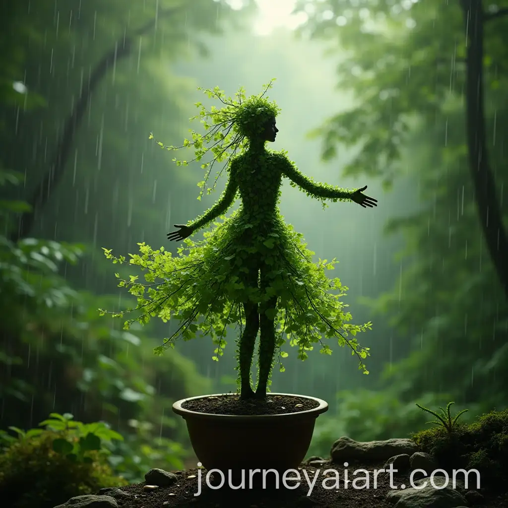 Leaf-Figure-Dancing-on-Pot-in-Forest-Rain-Background