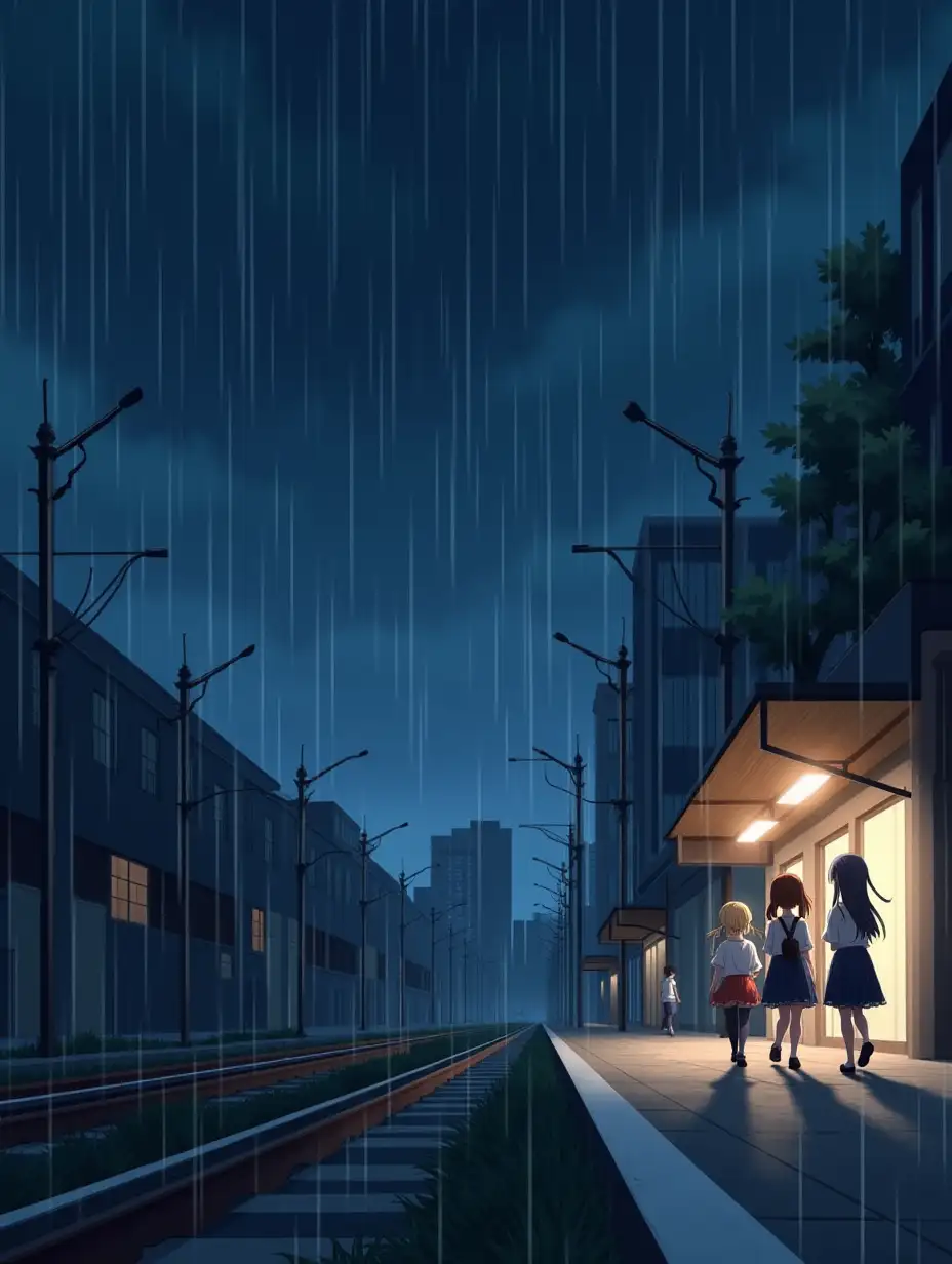 anime girls and boys are walking on the train station. they are waiting for the train. the sky is dark, night scene and it is raining