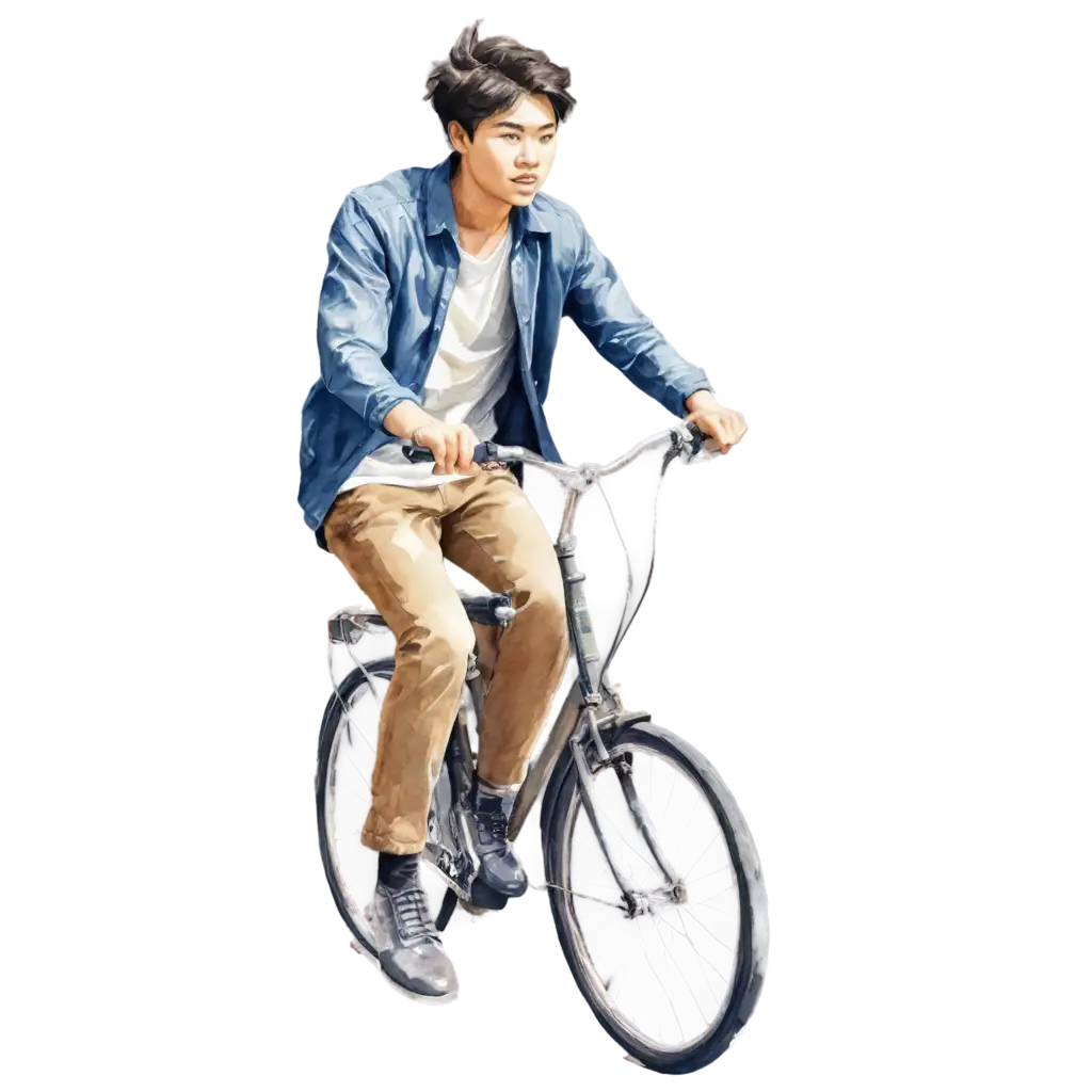 Young-Asian-Man-Riding-a-Race-Bike-to-University-Watercolor-PNG-Image