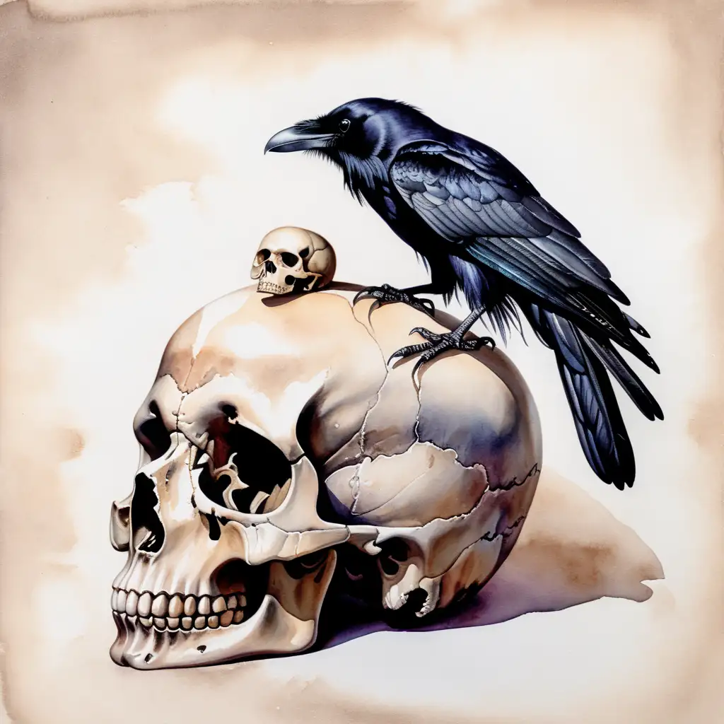 Aesthetic Watercolor of a Black Raven Perched on a Human Skull