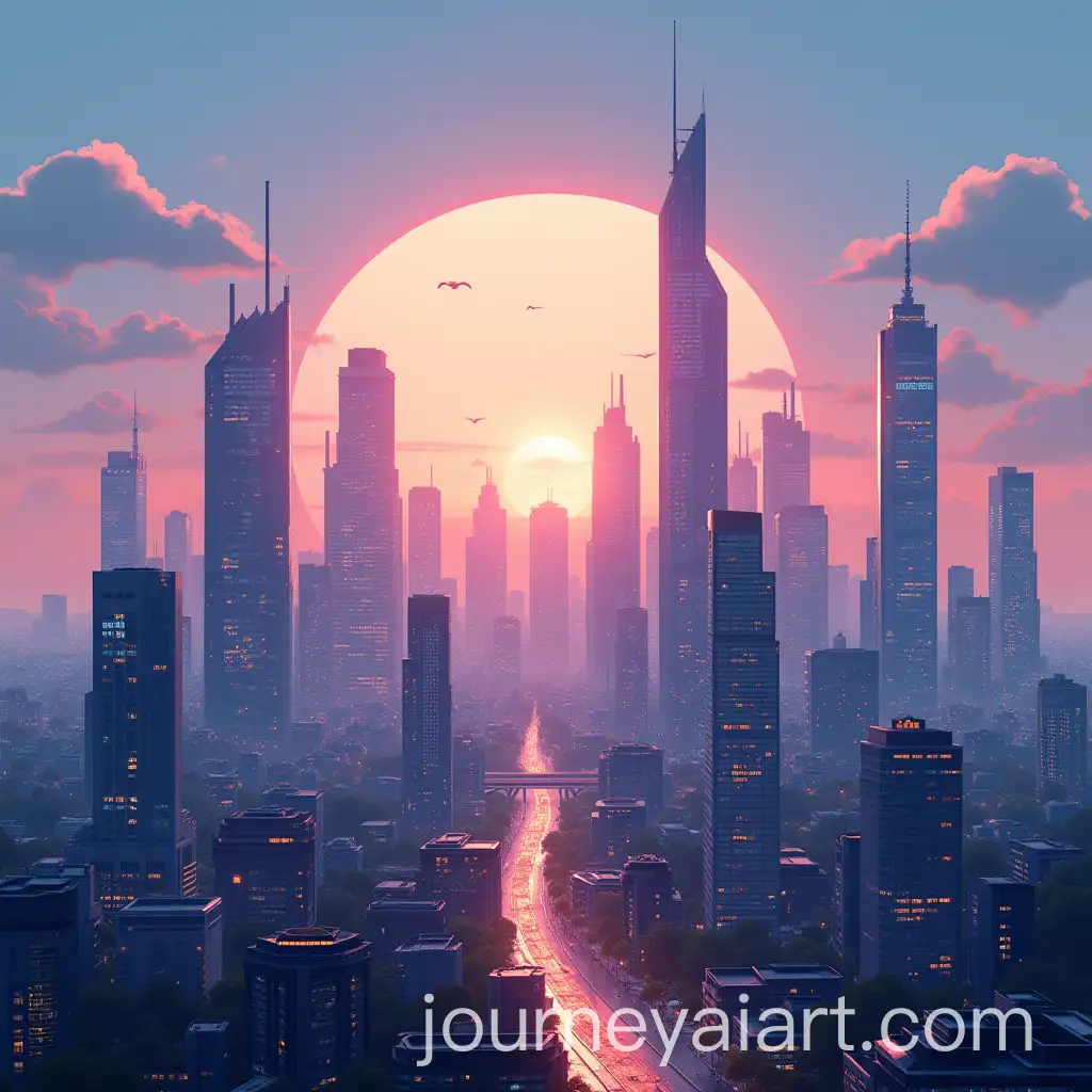 Futuristic-Cityscape-with-Modern-Skyscrapers-and-Vibrant-Sky