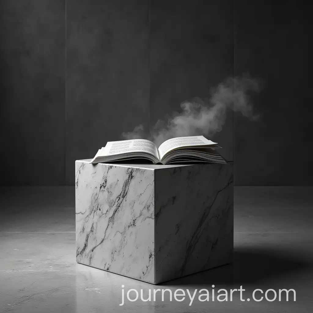 Photorealistic-Gray-Marble-Cube-and-Open-Magazine-with-Smoke-in-Dark-Concrete-Setting
