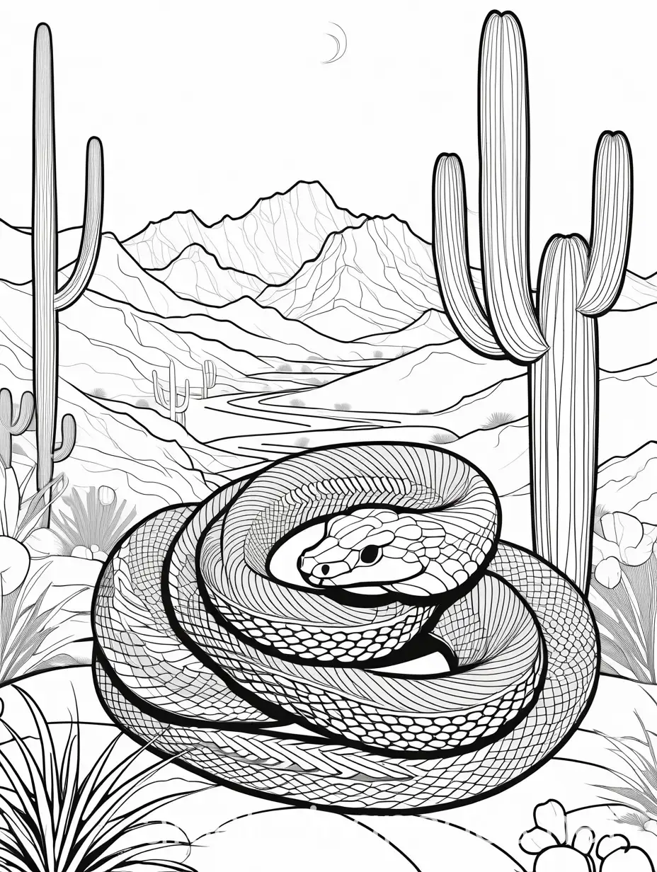 Desert-Rattlesnake-Coiled-Amidst-Cacti-A-Whimsical-Black-and-White-Coloring-Page