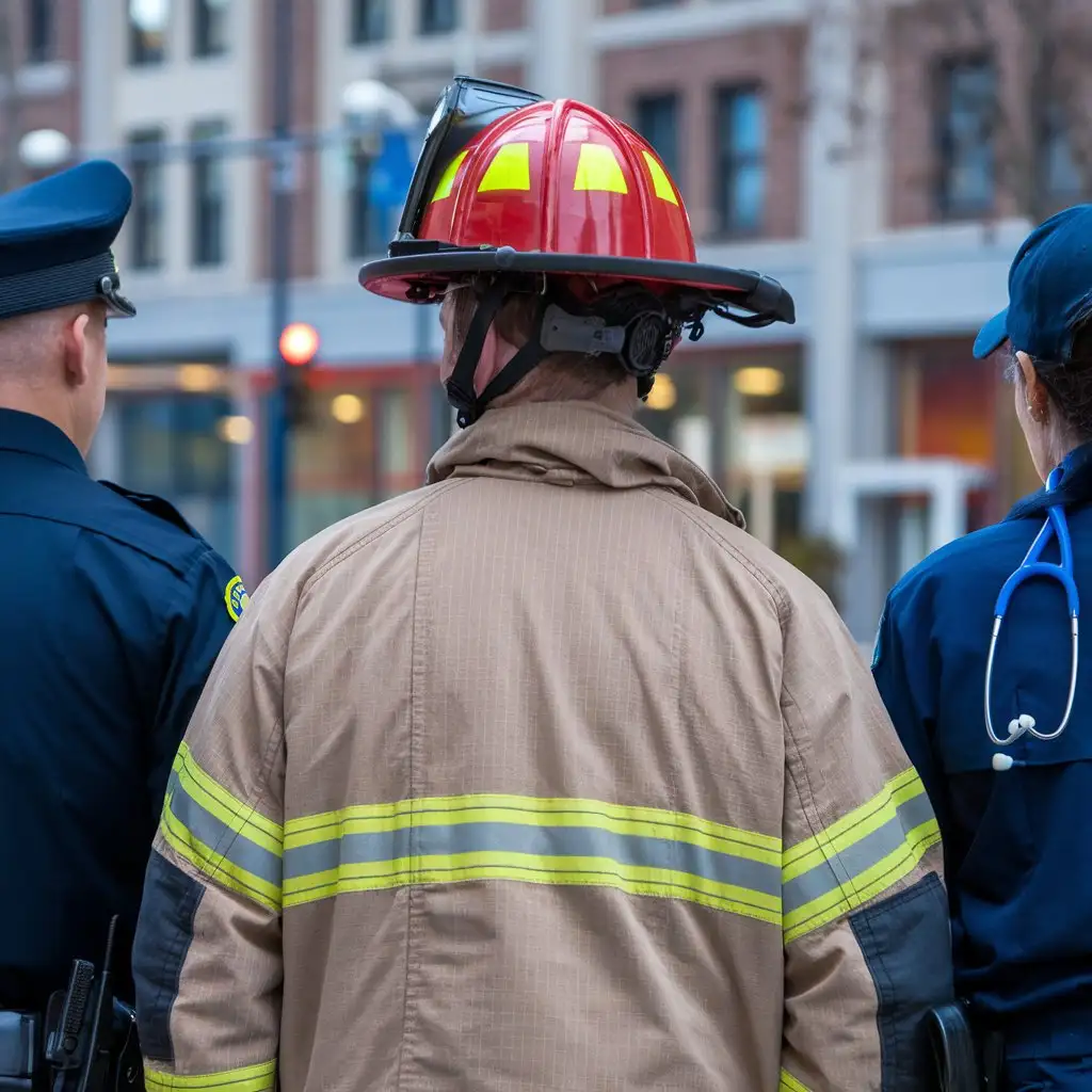 Heroic Trio Firefighter Police Officer and Paramedic Standing United