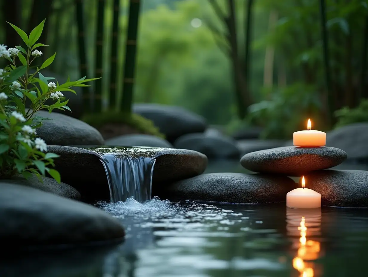 Tranquil-Zen-Garden-with-Cascading-Waterfall-and-Floating-Candles