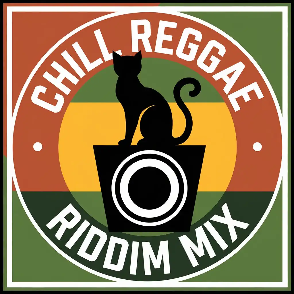 LOGO Design for Chill Reggae Riddim Mix Black Cat on Speaker with Rasta Colors and Reggae Style