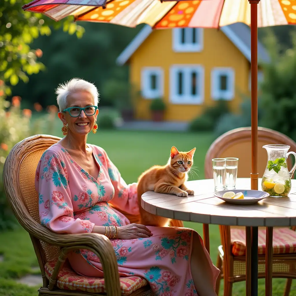 Elderly-Woman-Enjoying-a-Sunny-Summer-Day-in-a-Garden-with-Cat-and-Refreshing-Drink