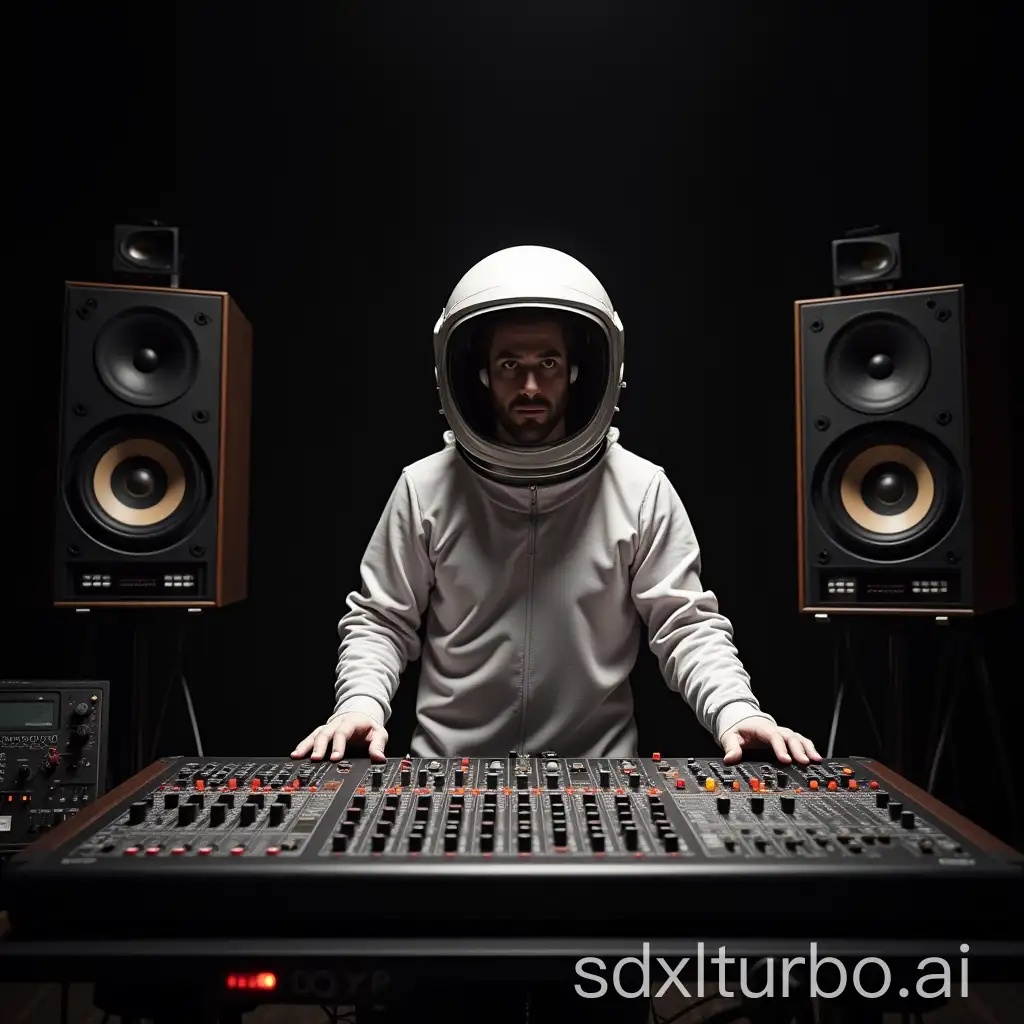 Sound-Engineer-Astronaut-Wearing-Space-Helmet-in-Front-of-Large-Sound-Mixer